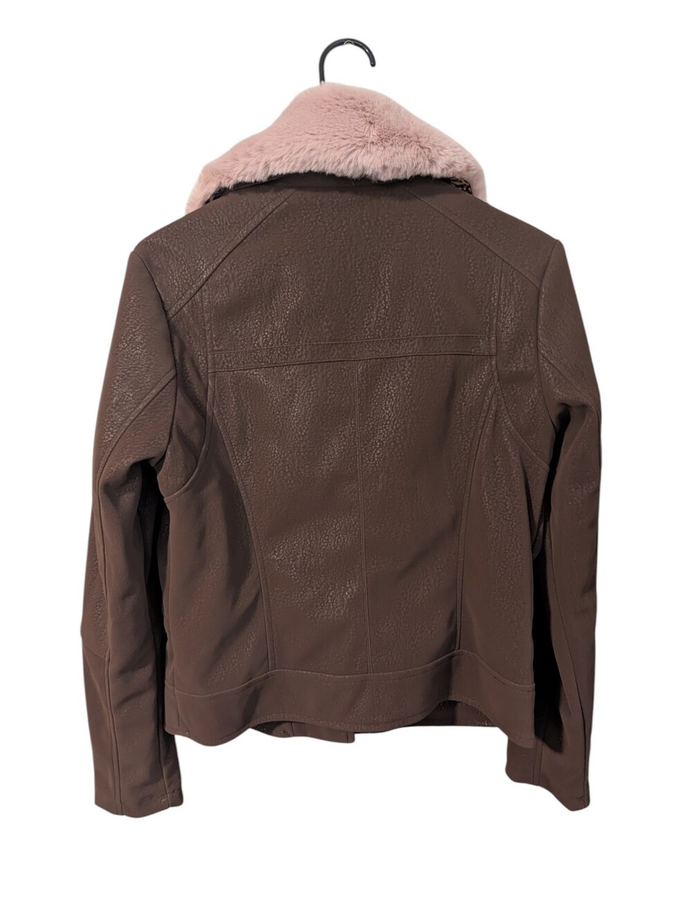 Joujou,Brown Moto Jacket with Pink Faux Fur Collar, Size M - Picture 2 of 3
